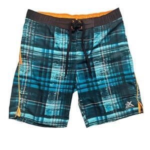 ZEROEXPOSUP ~ Men’s Blue Plaid Swim Shorts with Orange Accents size M